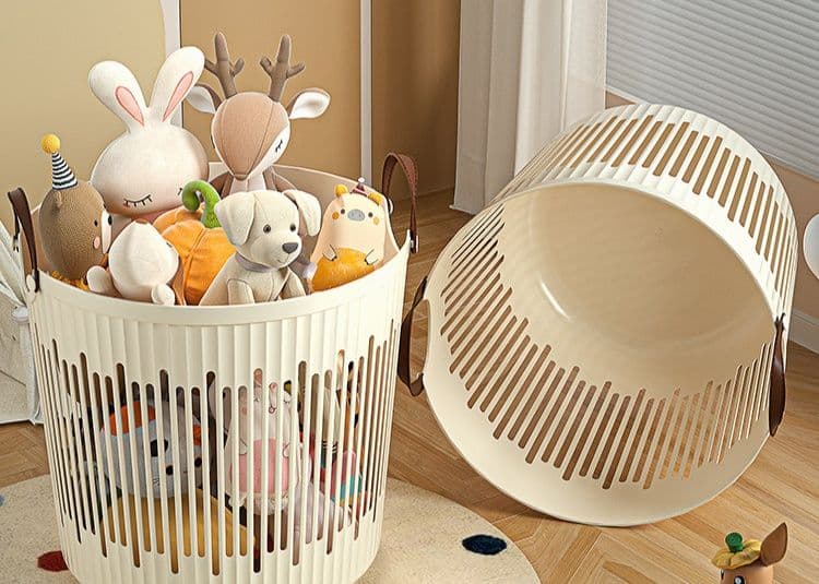 ぬいぐるみ収納 縦長スリット デザイン円型持ち手付き大容量かご