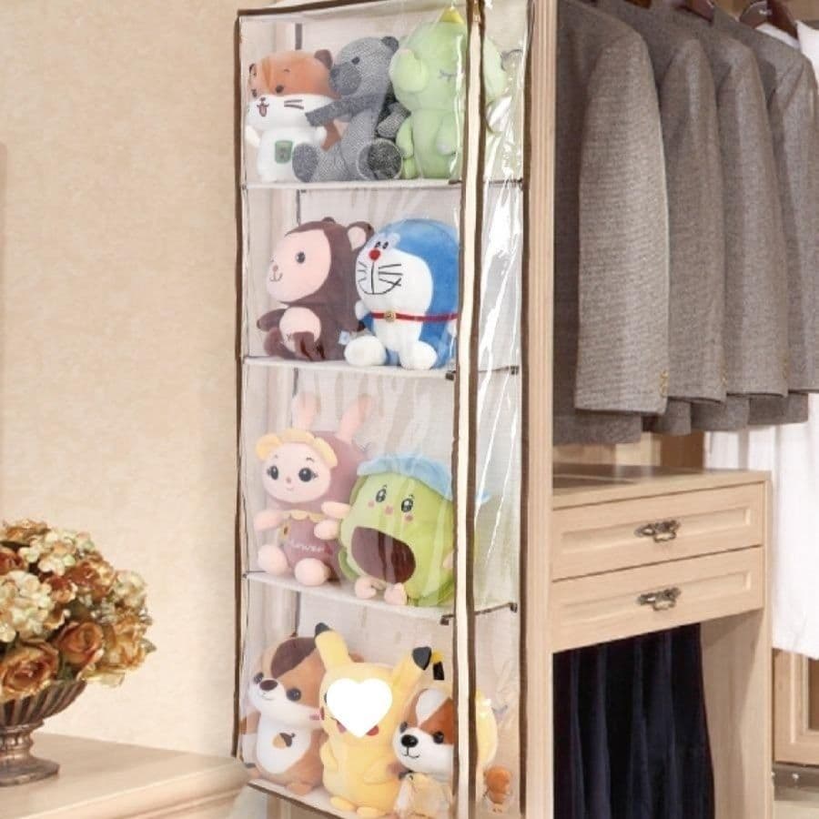 ぬいぐるみ収納 壁掛け式四段透明メッシュぬいぐるみ収納ラック